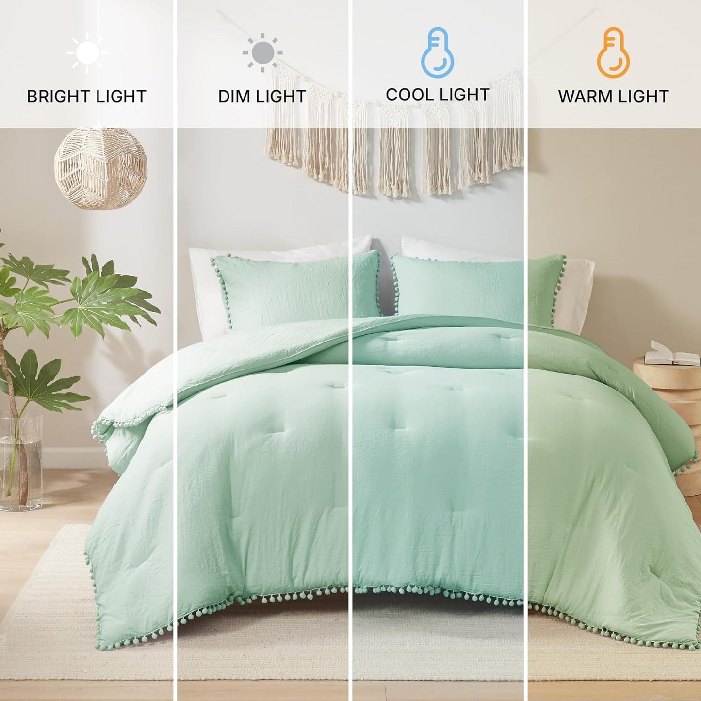 Codi Sage Green Boho Twin Comforter Set, Aesthetic Luxurious Pom Fringe Design Bedding, Cute Soft Washed Microfiber Bed Sets, Lightweight Chic,1 Comforter & 1 Pillowcase