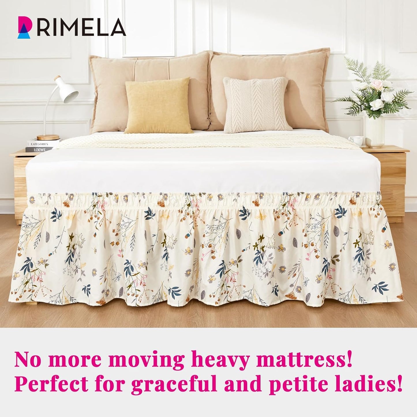 RIMELA Balloon Flower Floral Bed Skirt Queen Size 15 Inch Drop, Elastic Bed Skirting for Bed Frame, Bedding Dust Ruffle Easy to Install, Lightweight Wrap Around Adjustable Bedskirt