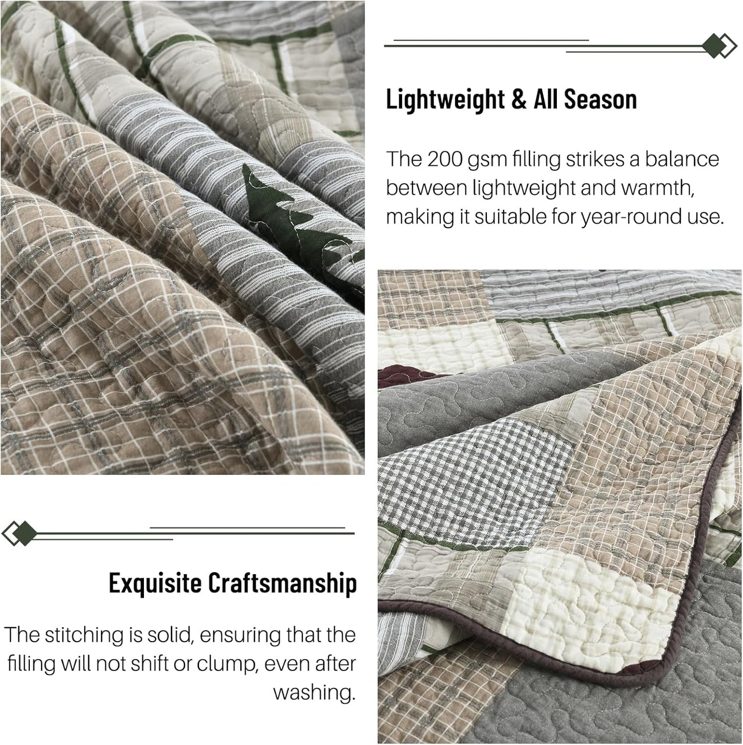 Quilt for King Bed - 100% Cotton Farmhouse Patchwork Plaid Cabin King Size Quilt Bedding Set, Brown Gray Green Animal Bear Deer Tree Lightweight Bedspread, 3-Piece for All Season (98"x106")