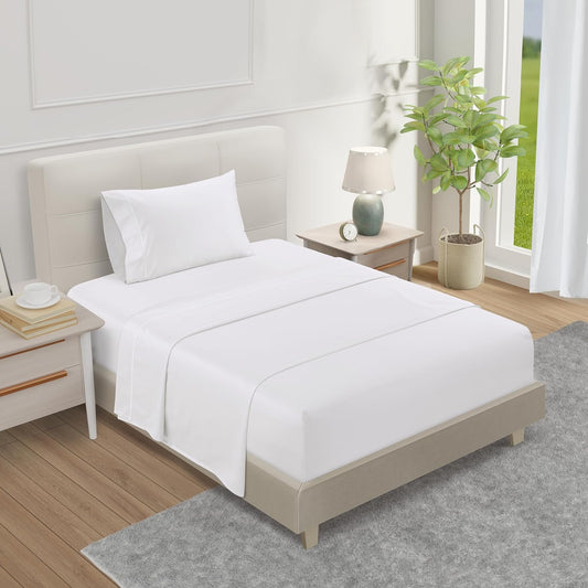 100% Egyptian Cotton Twin Sheets Set, 800TC Sateen Weave 3 PC Twin Bed Sheets, Fully Elasticated Sheet & Pillowcase Sets, Soft & Comfy No lint Machine Washable Fade Resistant- White
