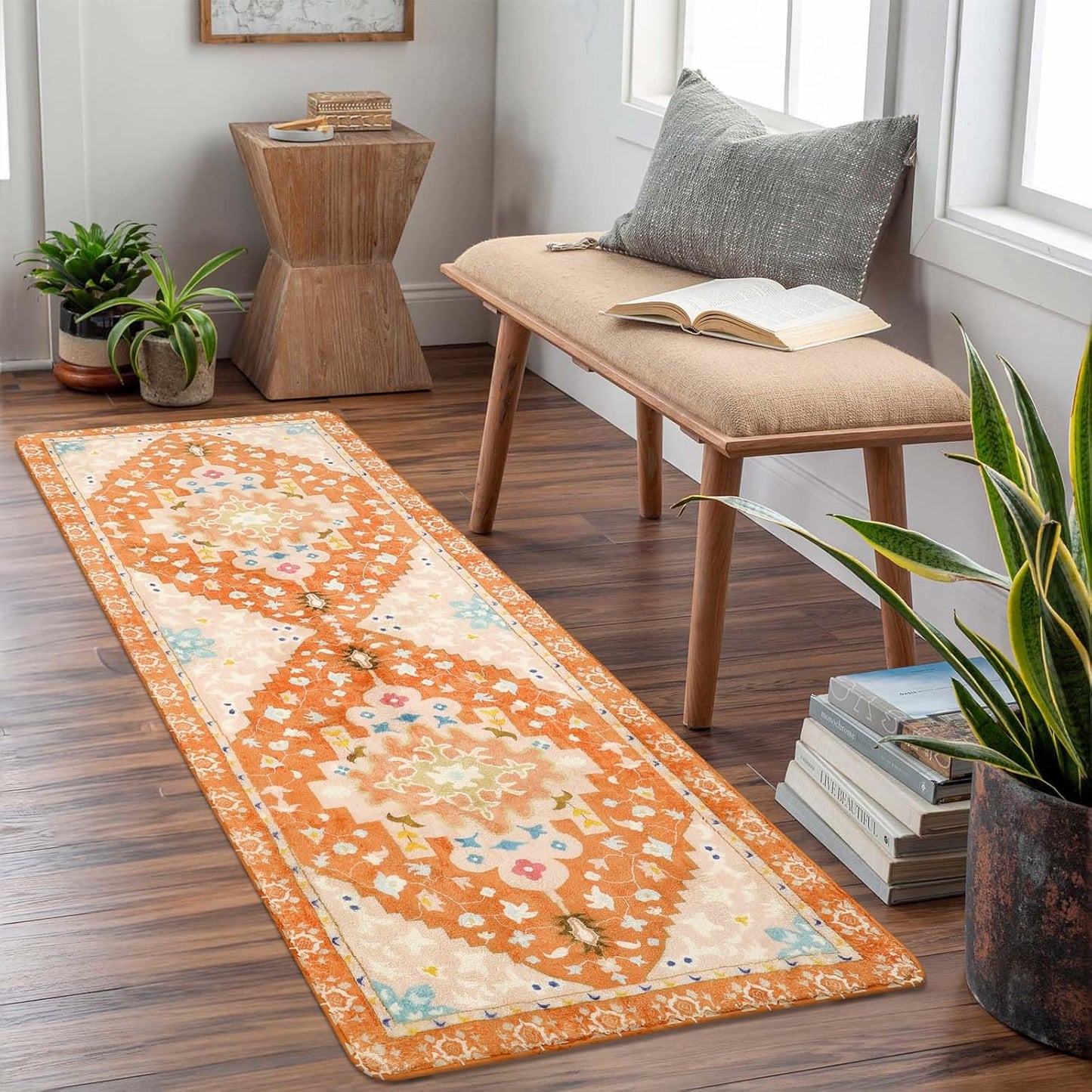 Uphome Boho Bathroom Runner Rug Orange Non-Slip Soft Bedroom Rug Machine Washable Oriental Hallway Rug Tribal Aesthetic Floral Home Decor Floor Mats for Kitchen Kids Room Entryway, 24x59 inch
