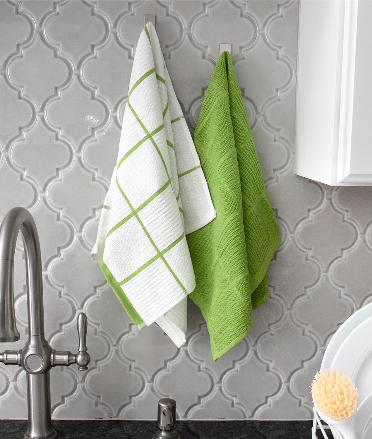 T-Fal Solid & Checked Parquet Kitchen Towels: Highly Absorbent, Super Soft Long Lasting - 100% Cotton, 16"x26" Dish Towels for Cleaning & Drying Dishes, Pans, Glassware, Countertops, 6-Pack, Green