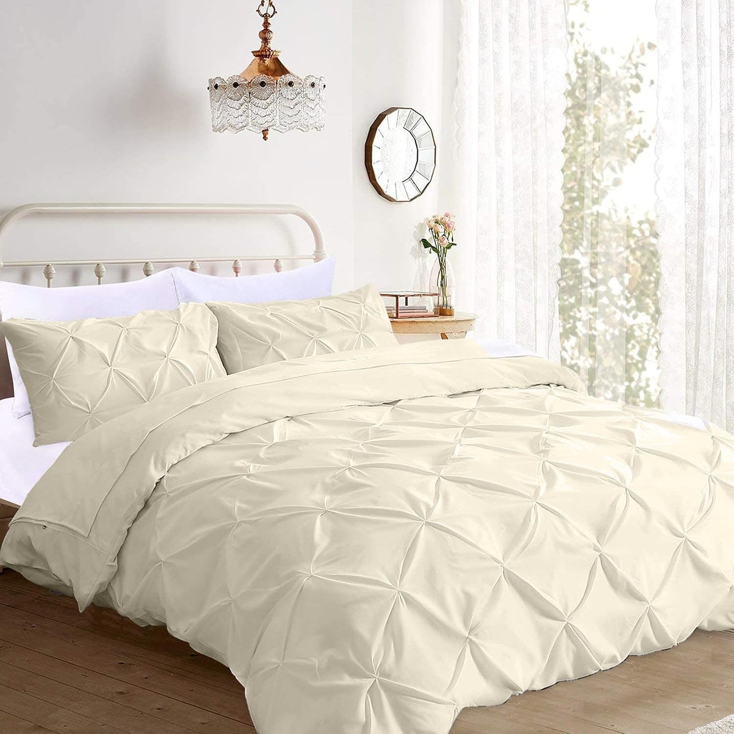 Pinch Pleated Duvet Cover Set 100% Cotton 3PC Full Size 80x90 Duvet Cover Set, Decorative Pinch Design Ivory Duvet Cover with Matching Pillow Case