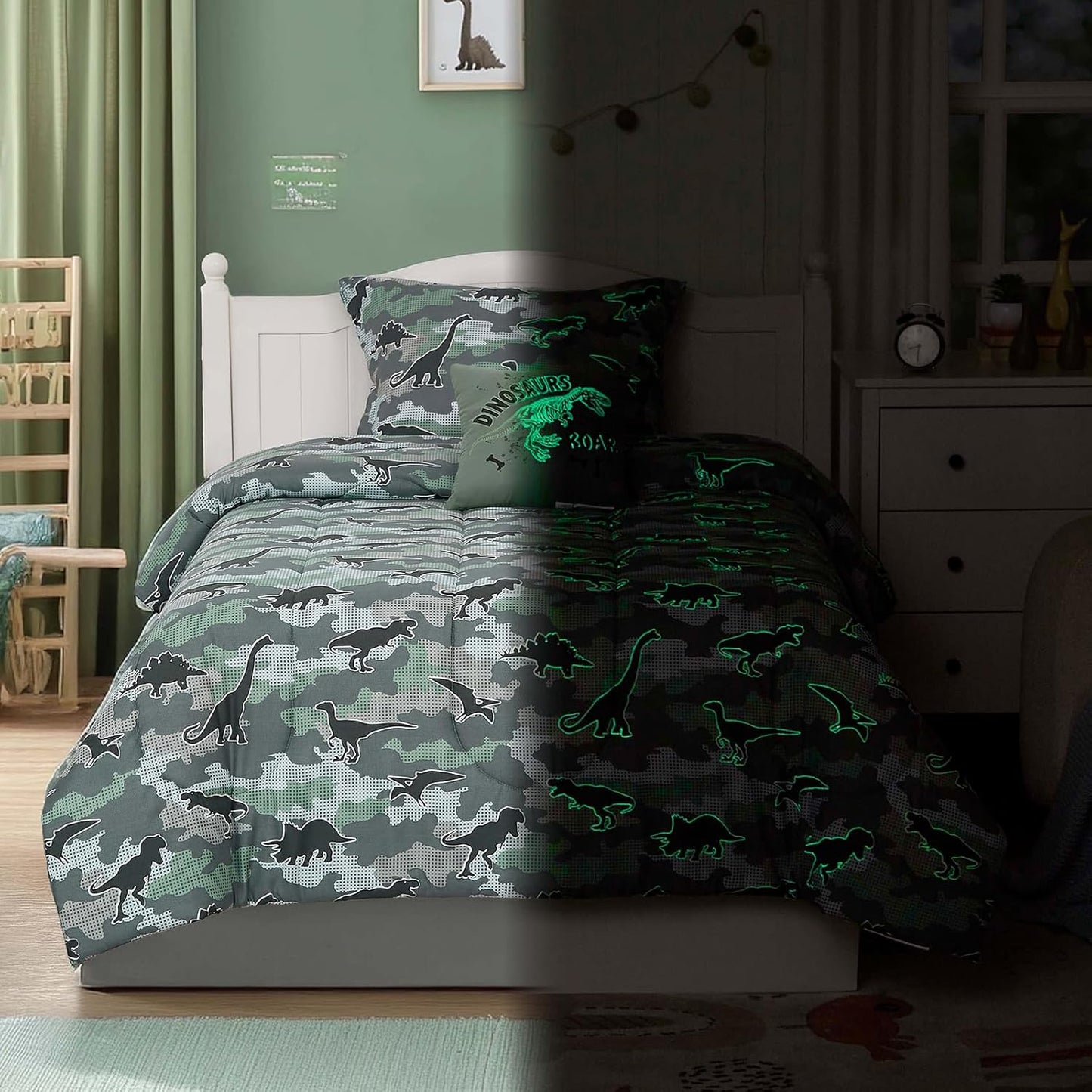 Twin Comforter Set for Boys-3 Pieces Dinosaur Glow in The Dark Twin Bedding Sets for Kids,1 Comforter,1 Sham and 1 Decor Pillow