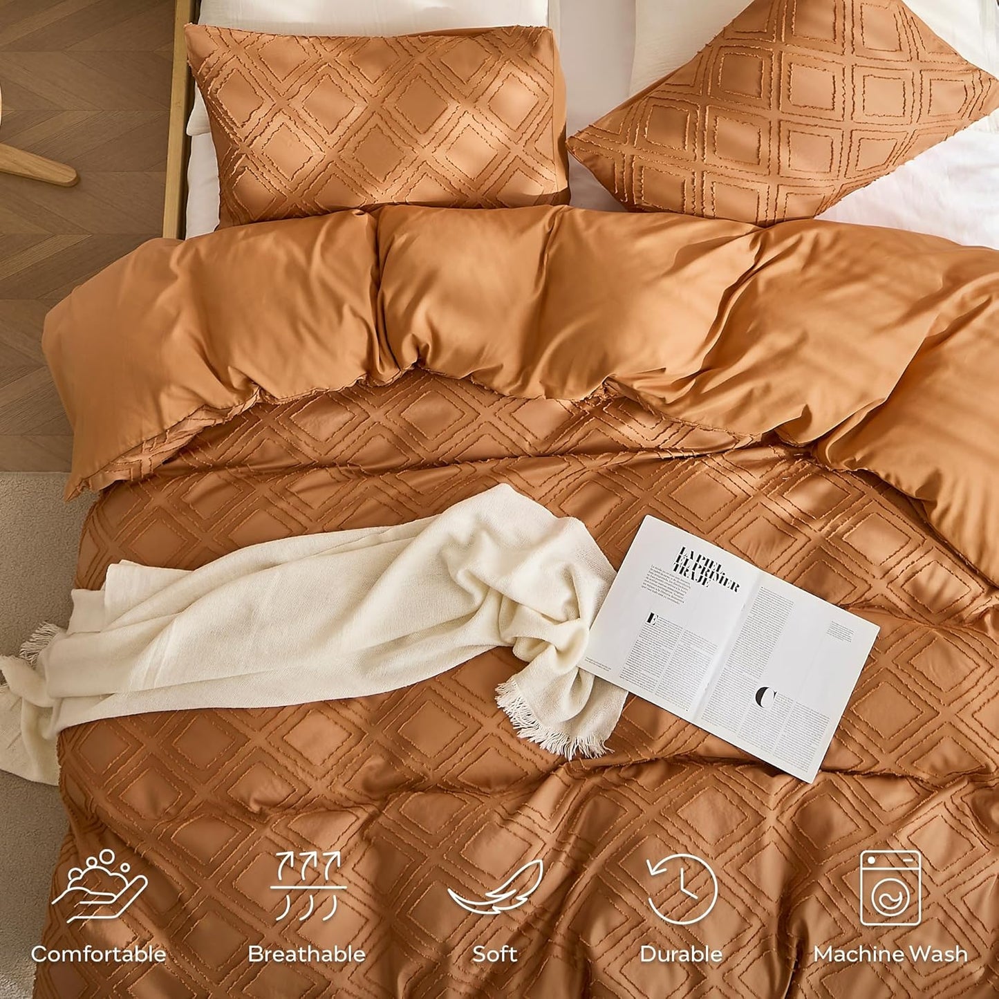 JELLYMONI Duvet Cover King Size Rust - 3PCS Boho Duvet Cover Set Plaid Polyester Tufted Bohemian Jacquard Knit Textured Comforter Cover 104×90in Rhombic Geometric Pattern Zipper Corner Tie