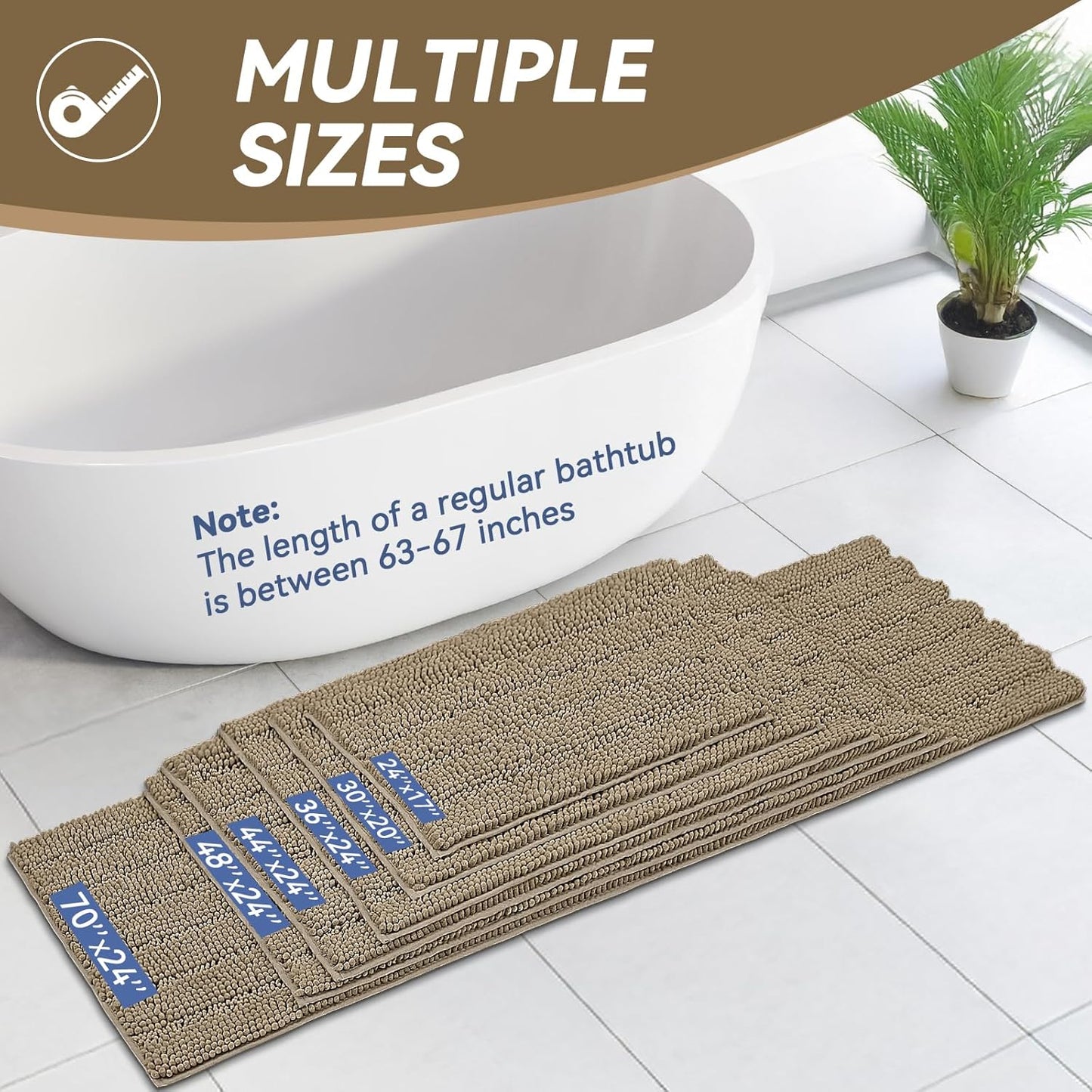 Bcoimo 48"×24" Chenille Bath Mat – Non-Slip with Backing Bath Rug Ultra-Absorbent and Machine Washable Bathroom Mat Quick-Dry Design. Ideal for Bathroom and Tub Areas