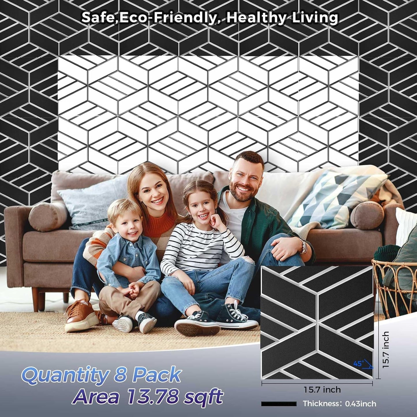 8 Pack 2-Layer Soundproof Wall Panels, 15.7 x 15.7 x 0.43 in Large Sound Proof Foam Panels for Walls, 1.1lb/ft³ High Density, 3D Acoustic Panels,Artistic Noise Dampening Panels Black&White