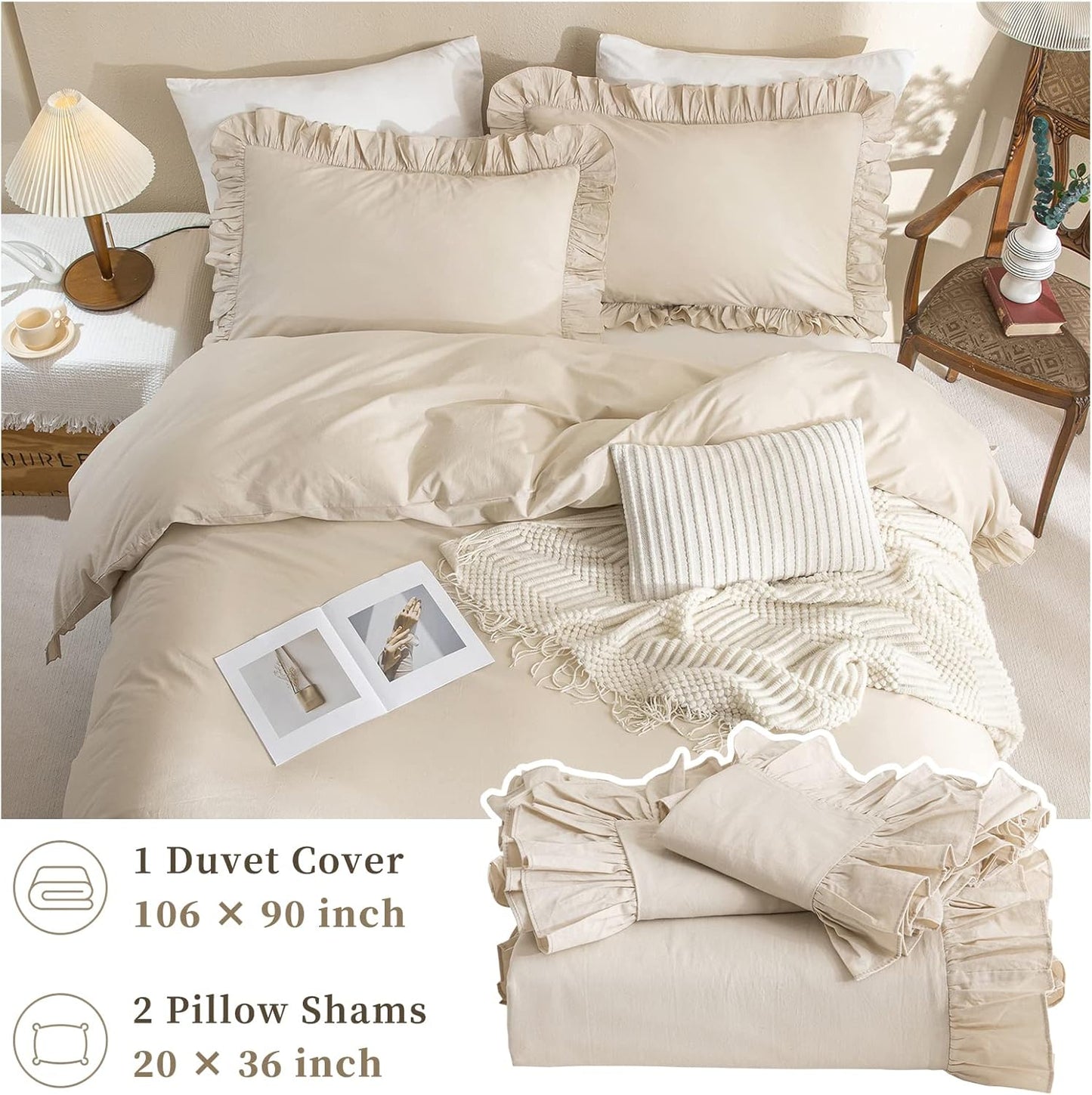 QSH Washed Cotton Duvet Cover King Ruffle Duvet Cover Linen Feel Textured Farmhouse Shabby Vintage Chic Bedding Comforter Cover 3 Pieces Aesthetic Elegant King Bedding