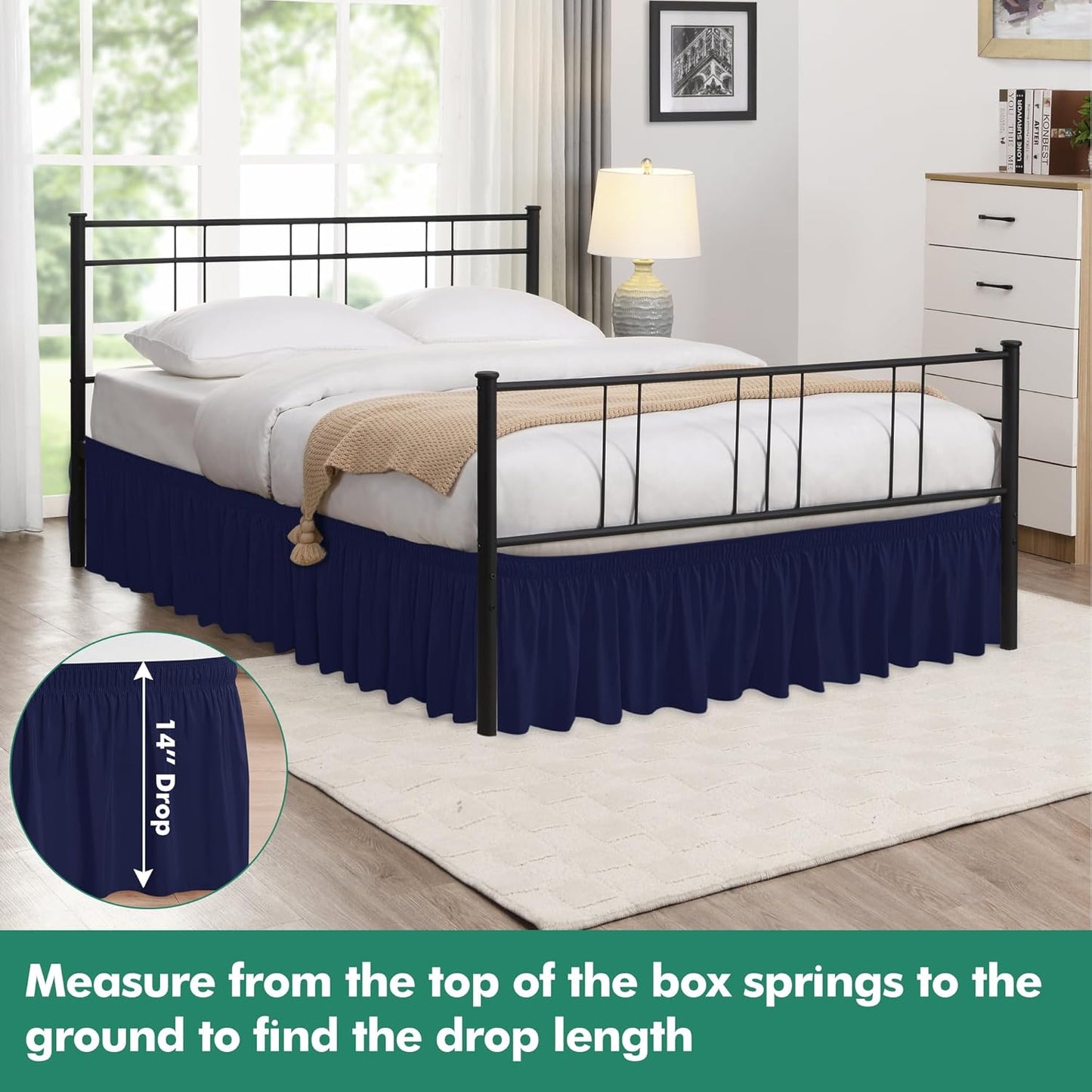 Biscaynebay Wrap Around Bed Skirts with Split Corners for King Beds 14" Drop, Navy Elastic Dust Ruffles Adjustable Easy Fit Wrinkle & Fade Resistant Silky Luxurious Fabric Machine Washable