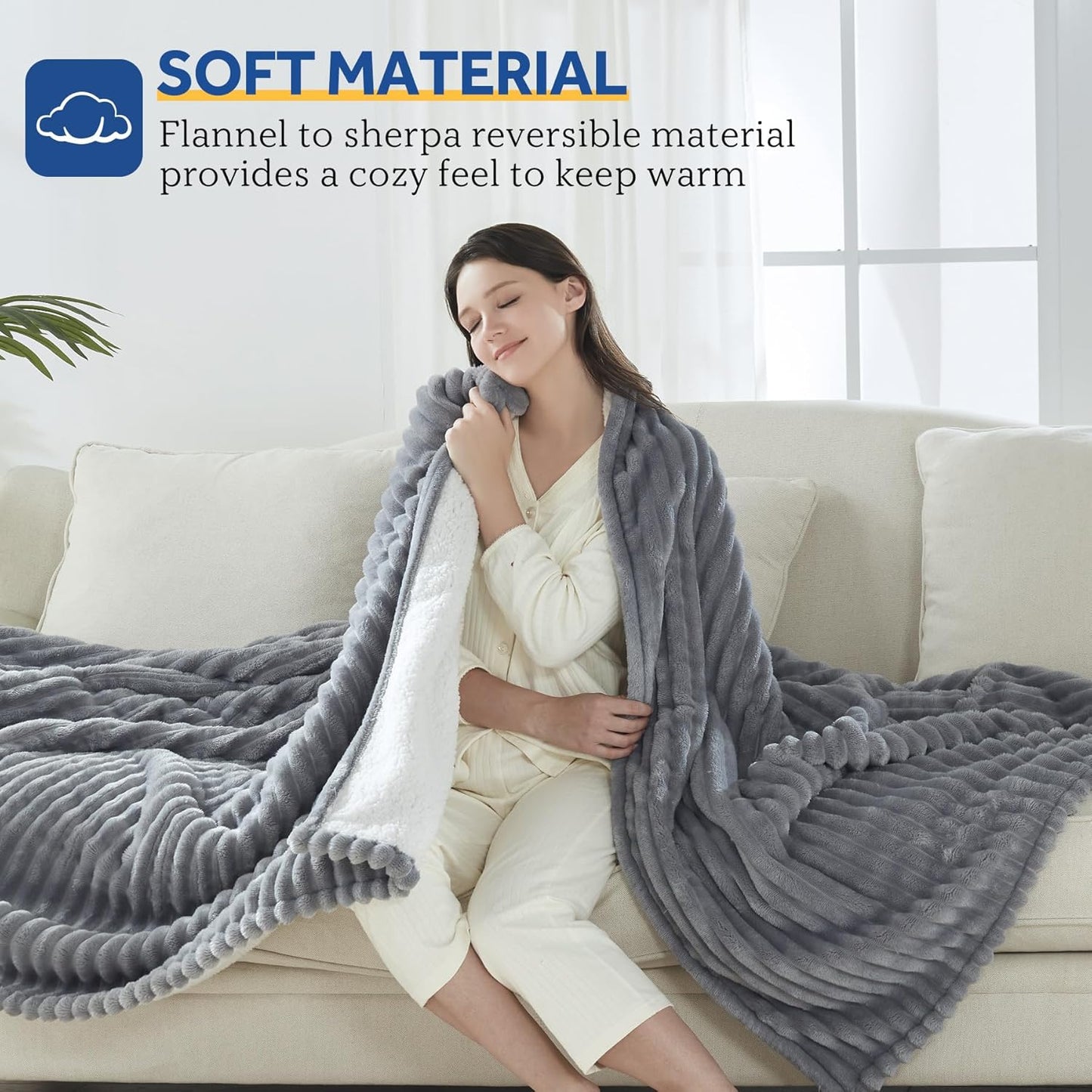 SEALY Electric Blanket Twin Size, Soft Ribbed Flannel to Sherpa Reversible Heated Blanket with 10 Heat Settings & 1 to 12 Hours Auto-Off Overheat Protection Machine Washable, 62"x84" Light Grey