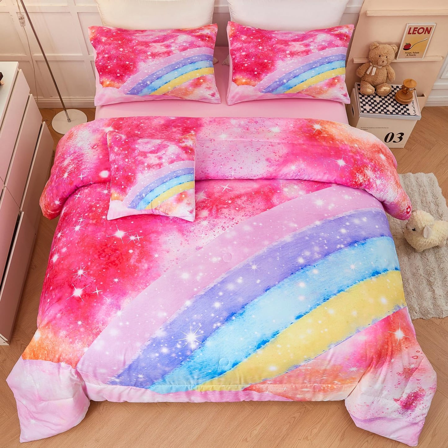 ANGIYUIN 6 Pieces Rainbow Queen Size Bed in A Bag for Girls/Kids/Teens, Colorful Sparkle Tie Dye Girls Comforter Set, Soft Sparkle Glitter Galaxy Bed Sets for All Season