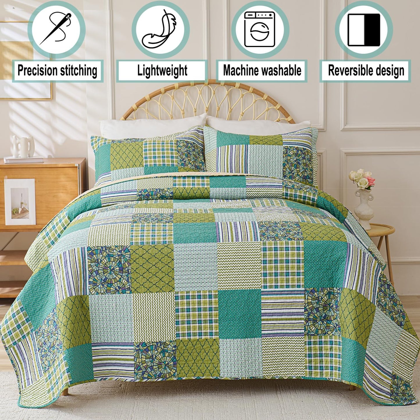 Cmfshape Quilt Sets Bedspread Set 100% Cotton Green Plaid Patchwork Bedding Set, All Season Use Lightweight Reversible Coverlet Quilts with 2 Pillow Shams(Queen 90"x96")