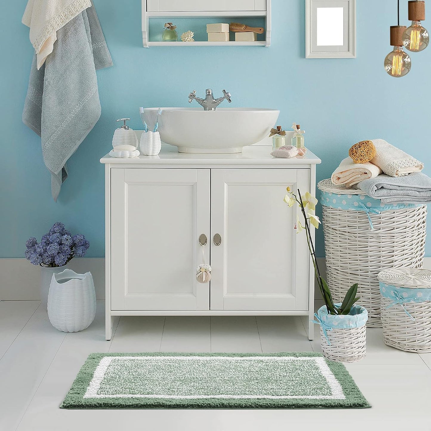 CozeCube Bath mats for Bathroom Non Slip, Fluffy Absorbent Microfiber Bath mat Washable, Aesthetic Bathroom Rugs, Small Sage Green Bath mat, Sage Green, 24" x 16"