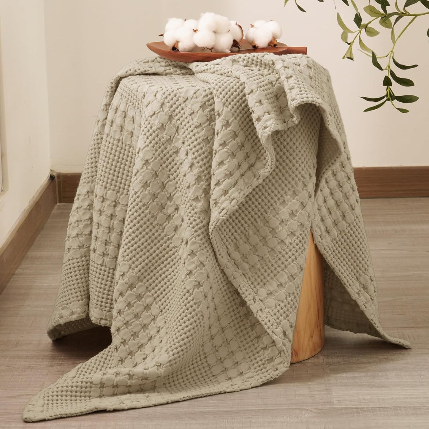 PHF 100% Cotton Waffle Weave Throw Blanket, Soft Lightweight Breathable Cozy Throws for Couch Bed Sofa, Luxury Aesthetic Woven Blanket for Home Decor & Office, 50"x60", Khaki
