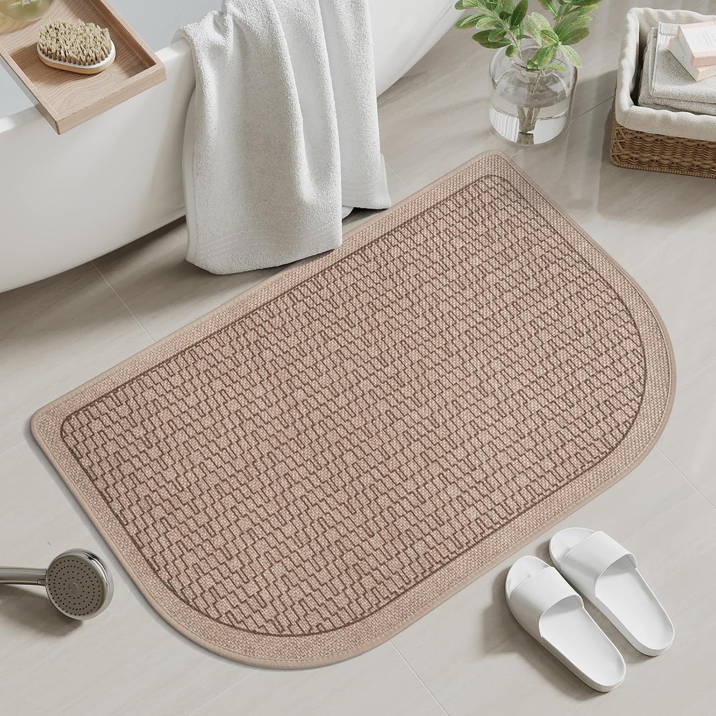 Bathroom Rugs Mat 20x31, Non Slip Ultra Thin Bath Mat Quick Dry Absorbent Washable Woven Half Round Bath Mats for Bathroom Floor Rubber Backed Fit Under Door Brown