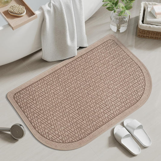 Bathroom Rugs Mat 20x31, Non Slip Ultra Thin Bath Mat Quick Dry Absorbent Washable Woven Half Round Bath Mats for Bathroom Floor Rubber Backed Fit Under Door Brown