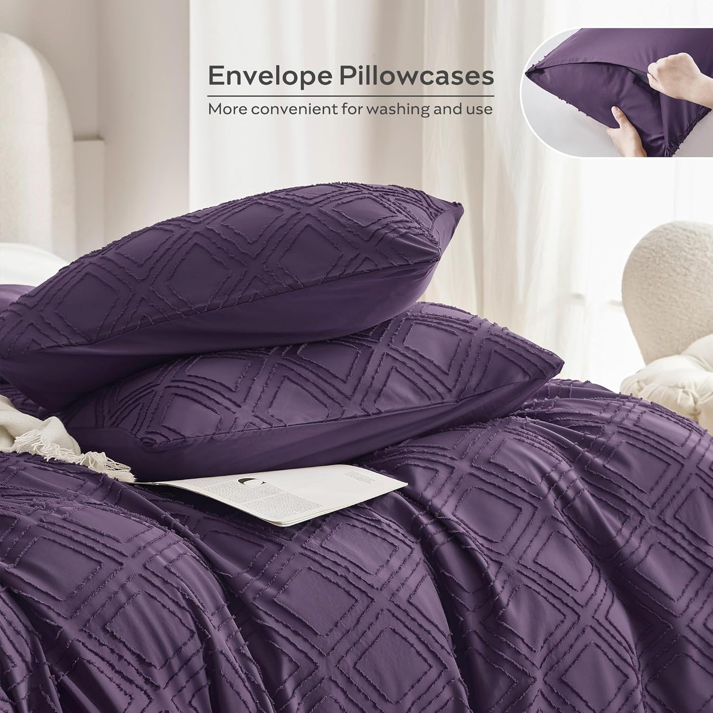 JELLYMONI Duvet Cover King Size Purple - 3PCS Boho Duvet Cover Set Plaid Polyester Tufted Bohemian Jacquard Knit Textured Comforter Cover 104×90in Rhombic Geometric Pattern Zipper Corner Tie