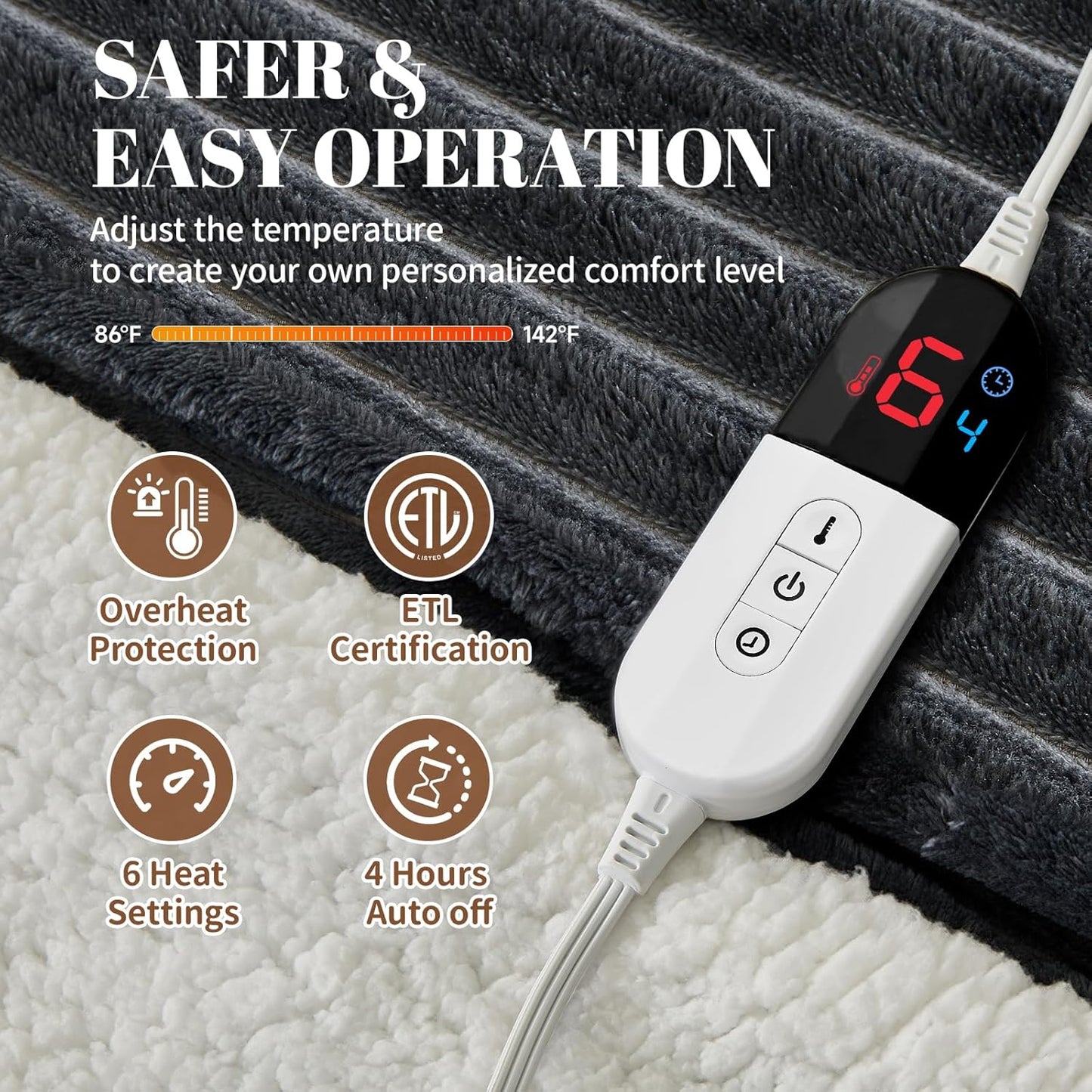 Electric Heated Throw Blanket - 50"x60" Fast Heating Bed Blankets with 6 Heating Levels & 4 Hours Auto Off, Soft Ribbed Flannel Sherpa, Over-Heated Protection ETL, Dark Gray