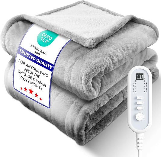 Electric Heated Blanket Twin, Ultra‑Cozy Premium Flannel & Sherpa, Even Heat Distribution & Stable Temp, 1–10H Auto‑Off, 8 Temps (86–125.6°F), Overheat Protection, Ideal Gifts for Grandma