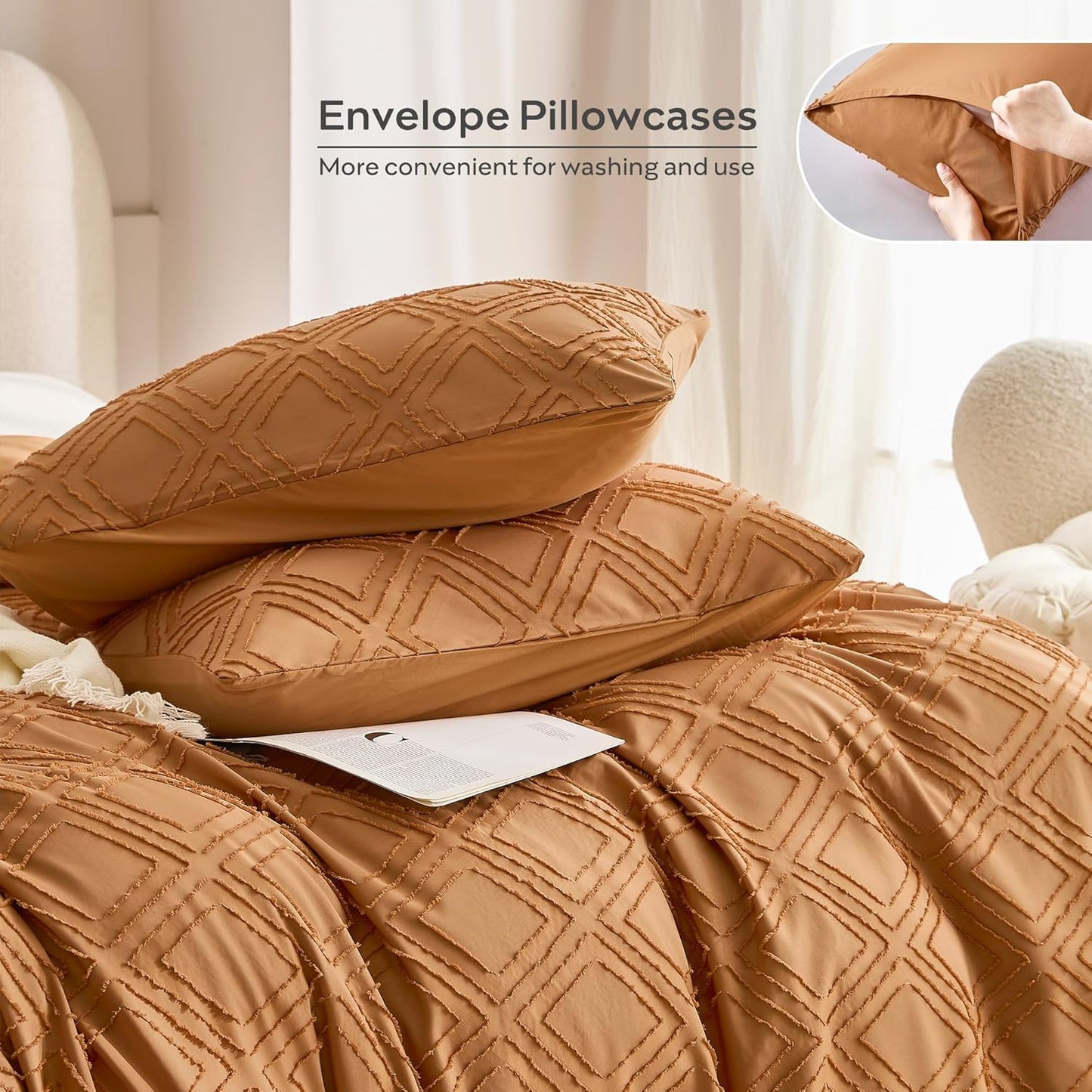 JELLYMONI Duvet Cover Queen Size Rust - 3PCS Boho Duvet Cover Set Plaid Polyester Tufted Bohemian Jacquard Knit Textured Comforter Cover 90×90in Rhombic Geometric Pattern Zipper Corner Tie