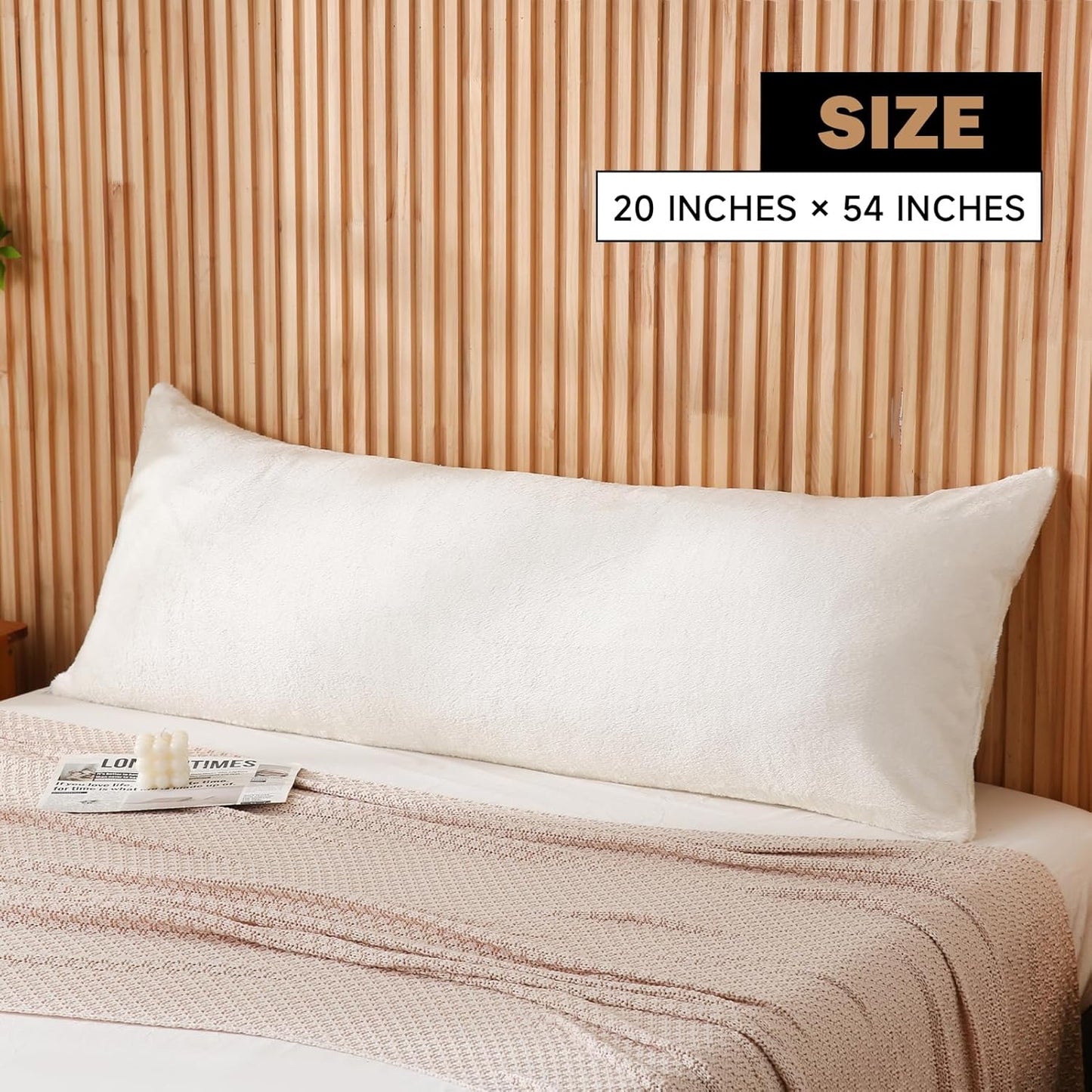 DOWNCOOL Large Body Pillow Insert with Faux Fur Cover - Fluffy Long Bed Pillow for Sleeping - Breathable Full Body Pillow for Adults - 20x54 inch (White, with Cover)