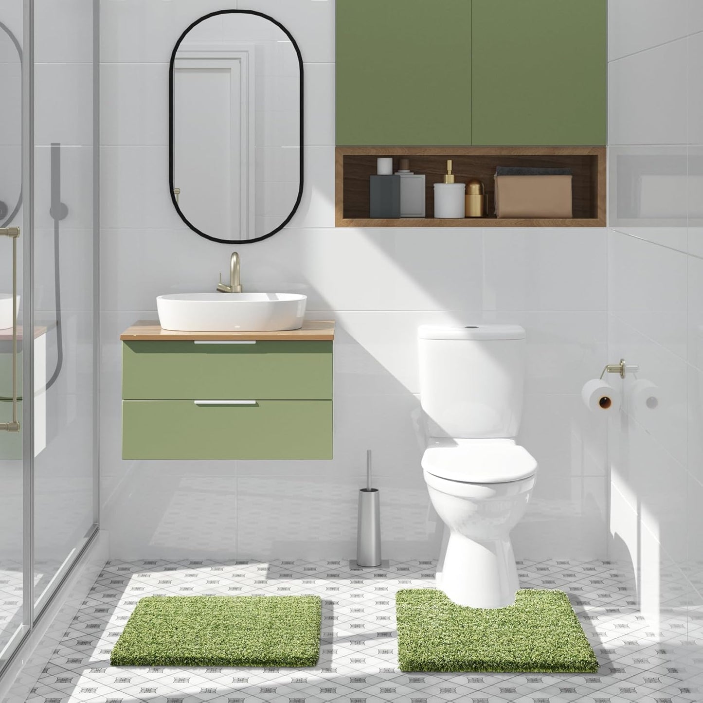 Yimobra Bathroom Rugs Non Slip Washable, Ultra Soft and Water Absorbent Bath Mats, Plush Fluffy Shower Mat Outside, Microfiber Thick Matts for Bathroom Floor/Sink, 24x17, Light Green and Dark Green