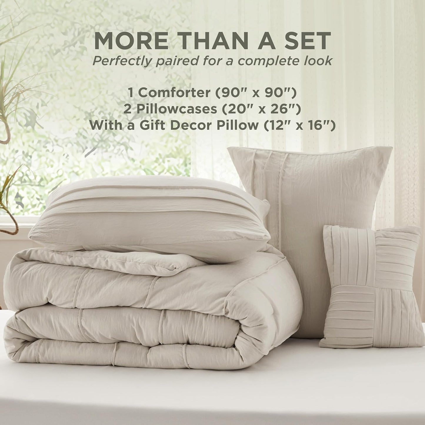 Bedsure Queen Comforter Set - 4 Pieces Pinch Pleat Bed Set, Beige Boho Bedding for All Season, 1 Soft Comforter, 2 Pillowcases, 1 Decorative Pillow