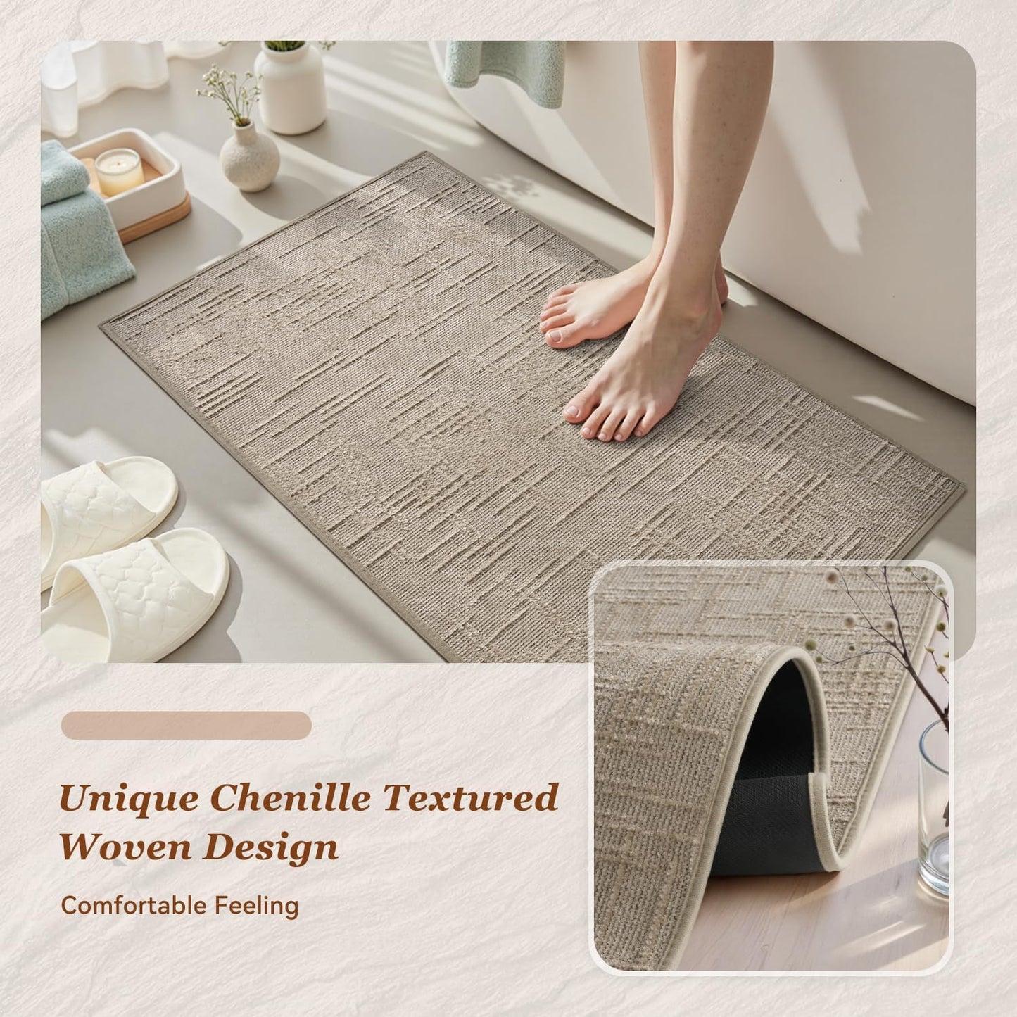 AMOAMI Bath Mat Non Slip Super Absorbent Quick Dry Bath Mats for Bathroom Floor Rubber Backing Washable Bathroom Rugs Modern Woven Jacquard Mat, Beside Tub Bath Rugs, 2' x 5', Brown