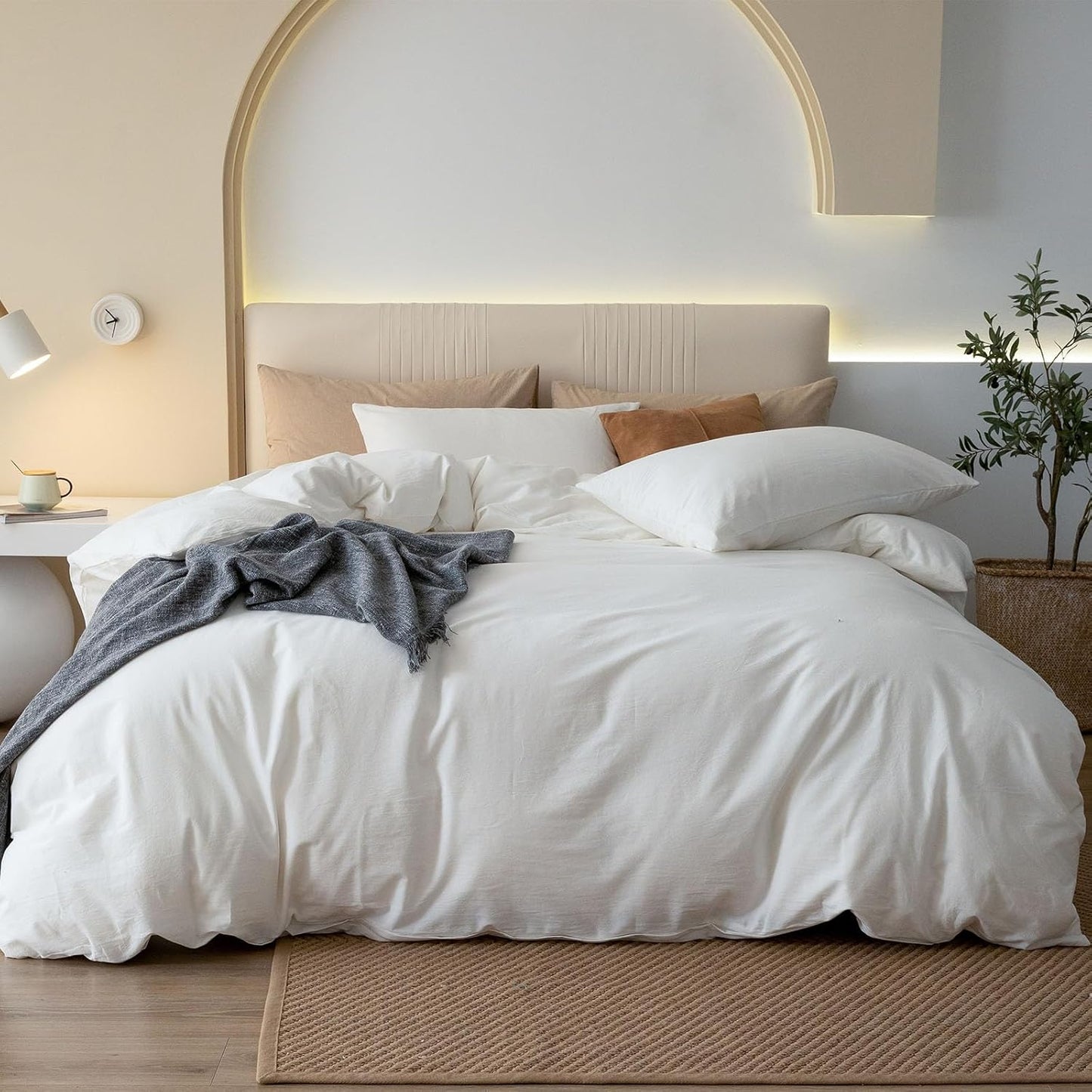 JIYUAN 100% Washed Cotton Duvet Cover Set 3 Pieces Oversized King, 1 Duvet Cover 120x98 Inches(Comforter Not Included) and 2 Pillowcases,Linen Feel Bedding Set Comfy and Breathable,Off White