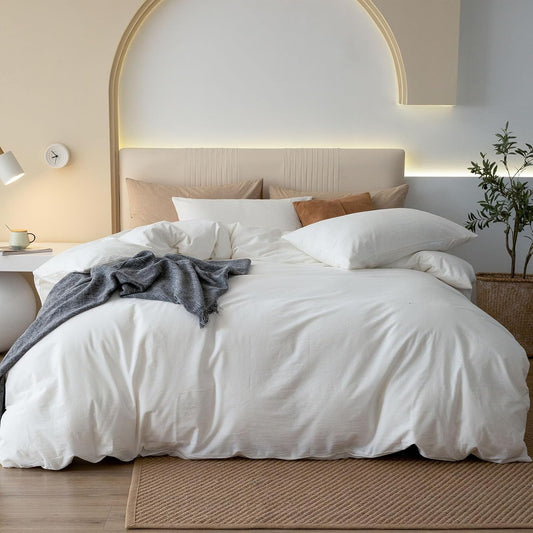 JIYUAN 100% Washed Cotton Duvet Cover Set 3 PCS Super King Plus, 1 Duvet Cover 120x120 Inches(Comforter Not Included) and 2 Pillowcases,Linen Feel Bedding Set Comfy and Breathable,Off White