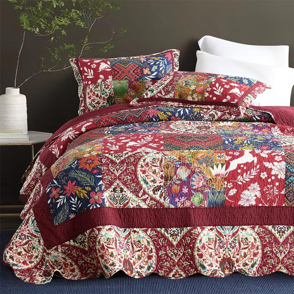 Cotton Bedspread Quilt Bedding Sets 3 Pieces Reversible Coverlet Sets Comforters Gorgeous Paisley Floral Patchwork Red Bedspread, King Size
