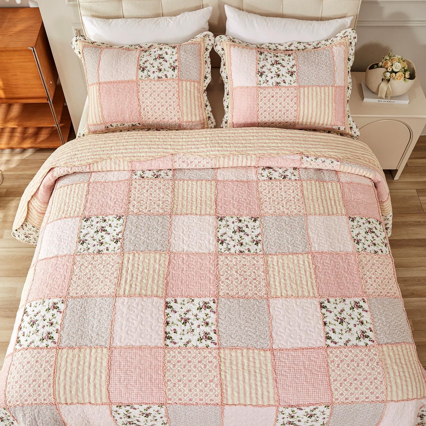 Cmfshape Floral Quilt Sets Bedspread Set 100% Cotton Patchwork Bedding Set, All Season Use Lightweight Reversible Coverlet Quilts with 2 Pillow Shams(King 106"x96")