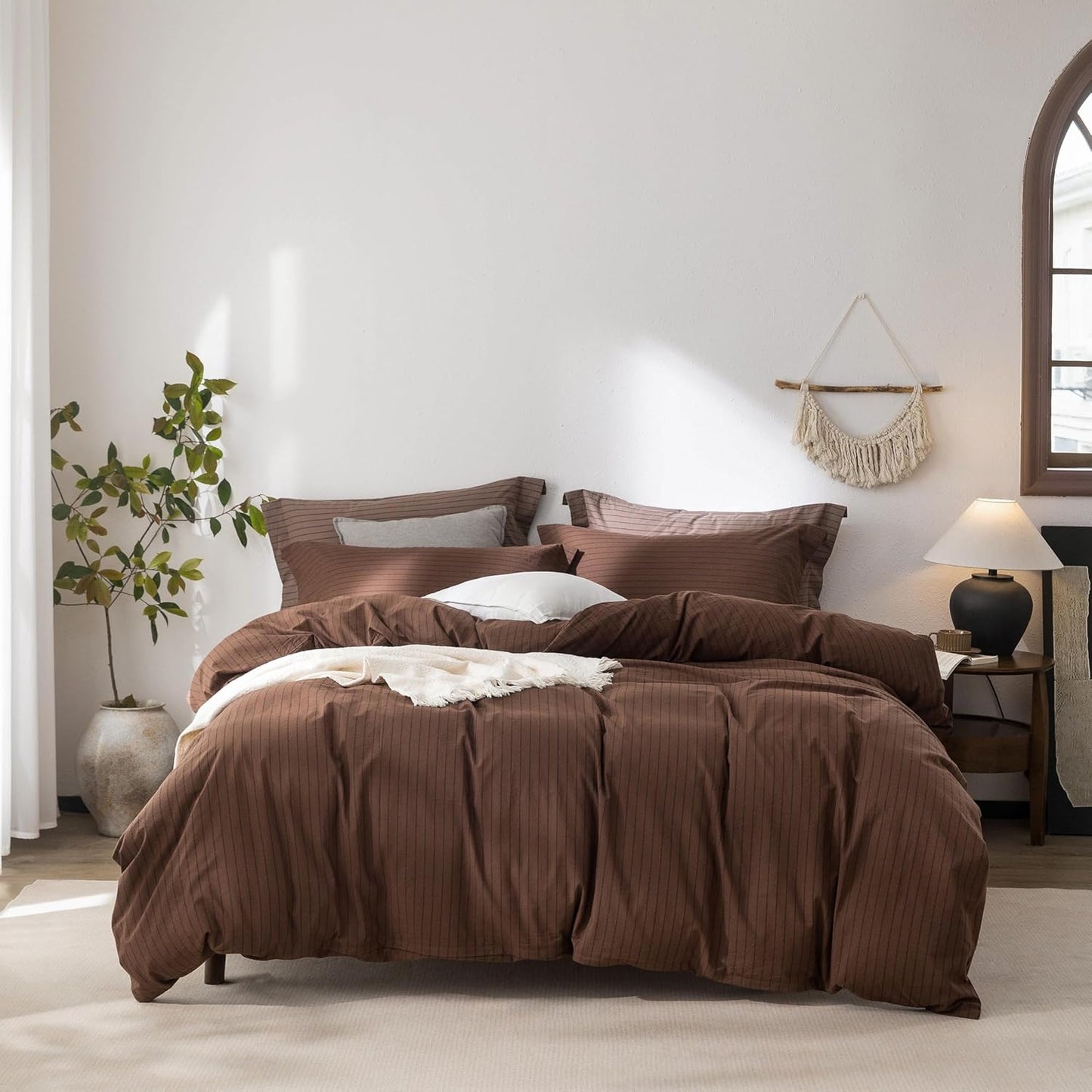 Stripe Duvet Cover King Size 104inch x 90inch,100% Washed Cotton Pinstripe Duvet Cover with Zipper Closure and 2 Pillowcases, Color of Cocoa Brown-Black Stripe