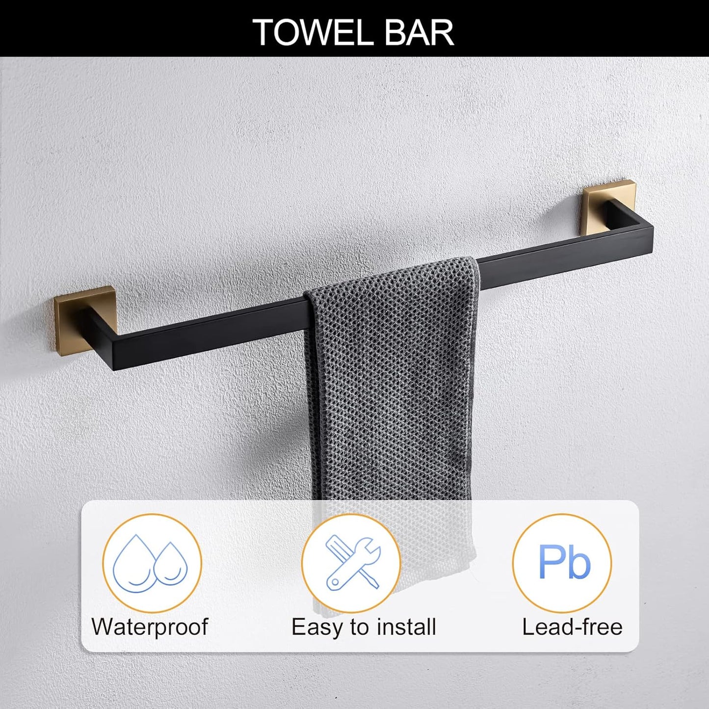 TNOMS 5 Pieces Bathroom Hardware Accessories Set Black and Gold Towel Bar Set,Wall Mounted Stainless Steel,23.6 Inch