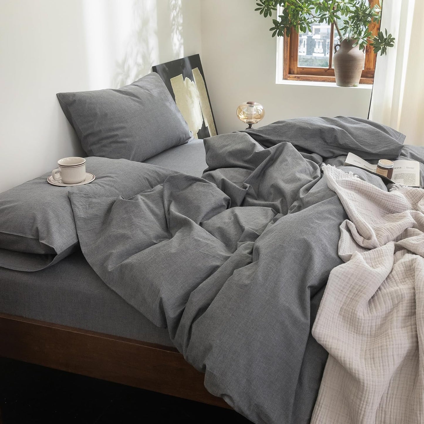 FOSSA Duvet Cover Set 100% Washed Cotton Linen Feel Super Soft Breathable Cozy 3 Pieces Bedding Sets Solid Dark Grey Super King