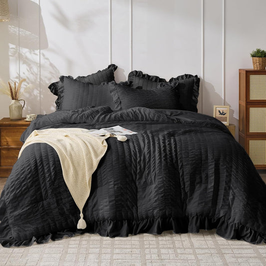 JOLLYVOGUE Black Comforter Full Size, 3 Pieces Seersucker Lightweight Full Size Bedding, All Season Fluffy Microfiber Bedding Comforter Set with 1 Ruffle Comforter and 2 Ruffle Pillowshams