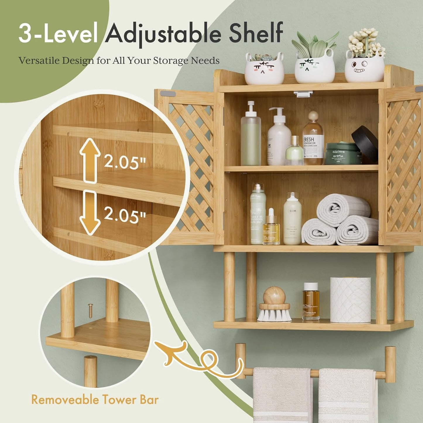 AmazerBath Bathroom Wall Cabinets, Bamboo Medicine Cabinet with Grille Door, Over The Toilet Storage Cabinet with Towel Bar, Wall Mounted Cabinet with Adjustable Shelves for Small Spaces