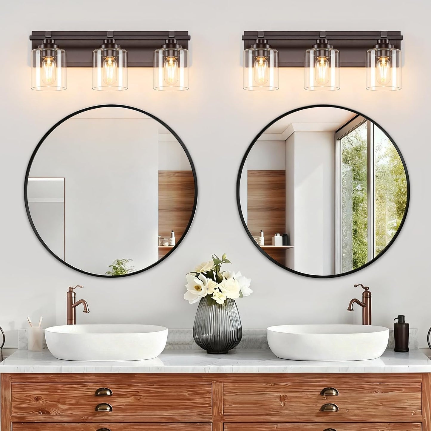 3 Light Modern Bathroom Light Fixtures Over Mirror, Bronze Finish Vanity Lights for Bathroom Wall Sconces with Clear Glass Shades, E26 Socket (Bulbs Not Included)