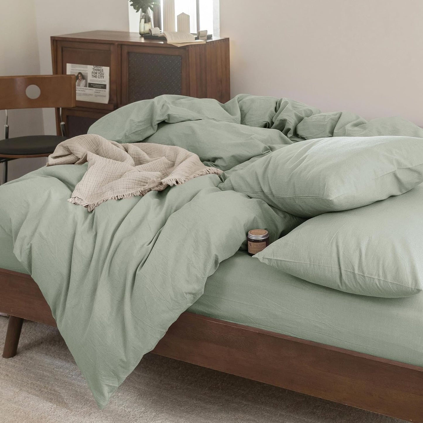 FOSSA Duvet Cover Set 100% Washed Cotton Linen Feel Super Soft Breathable Cozy 3 Pieces Bedding Sets Solid Sage Green Super Queen