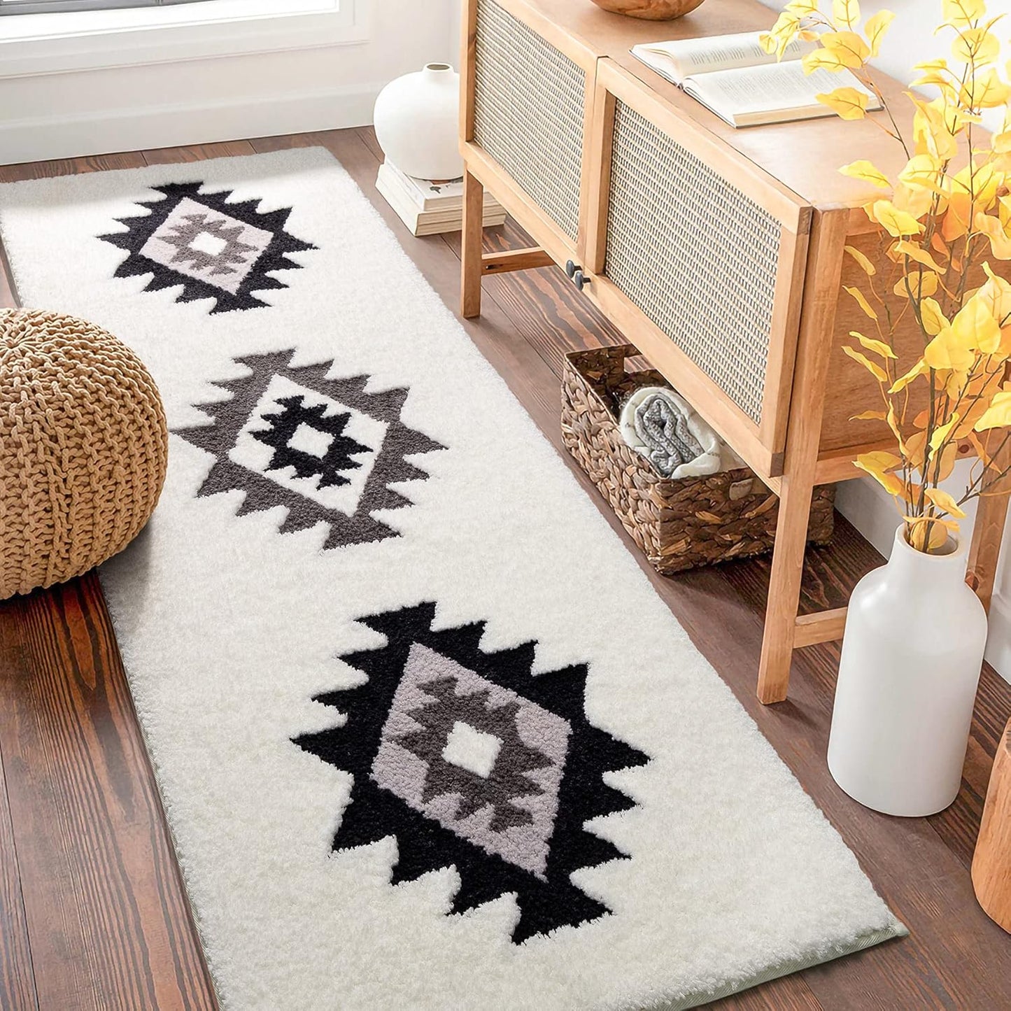 DEXDE Runner Bath Rug 24x60 Inches - Non-Slip Quick Dry Machine Washable Bath Mat, Boho Geometric Absorbent Long Carpet for Bathroom, Black and White