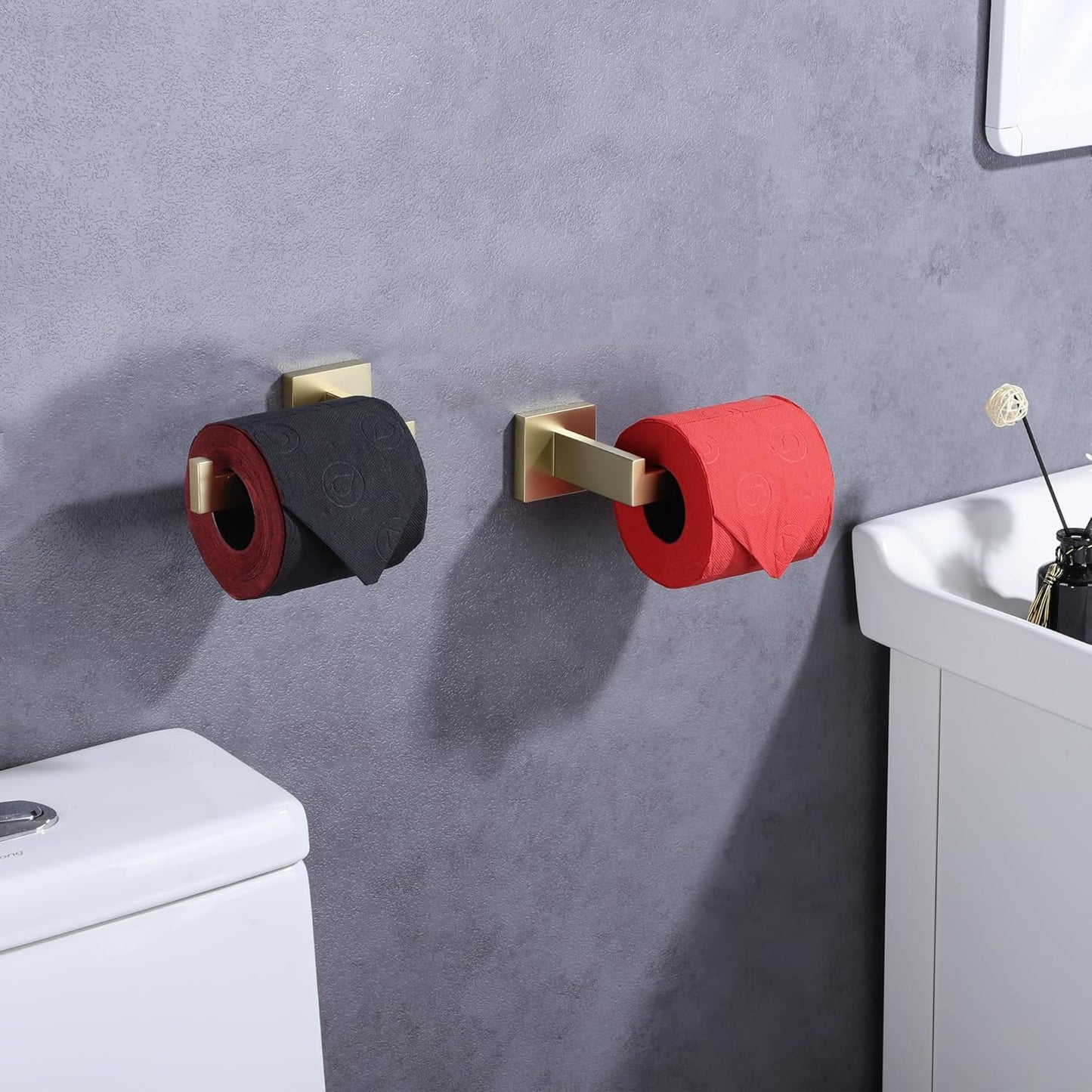LANC Gold Toilet Paper Holder, Brushed Gold Toilet Paper Roll Holder Wall Mounted for Bathroom Washroom Modern Toilet Tissue Holder TP Dispenser Square Stainless Steel Left, A8807BG-LF