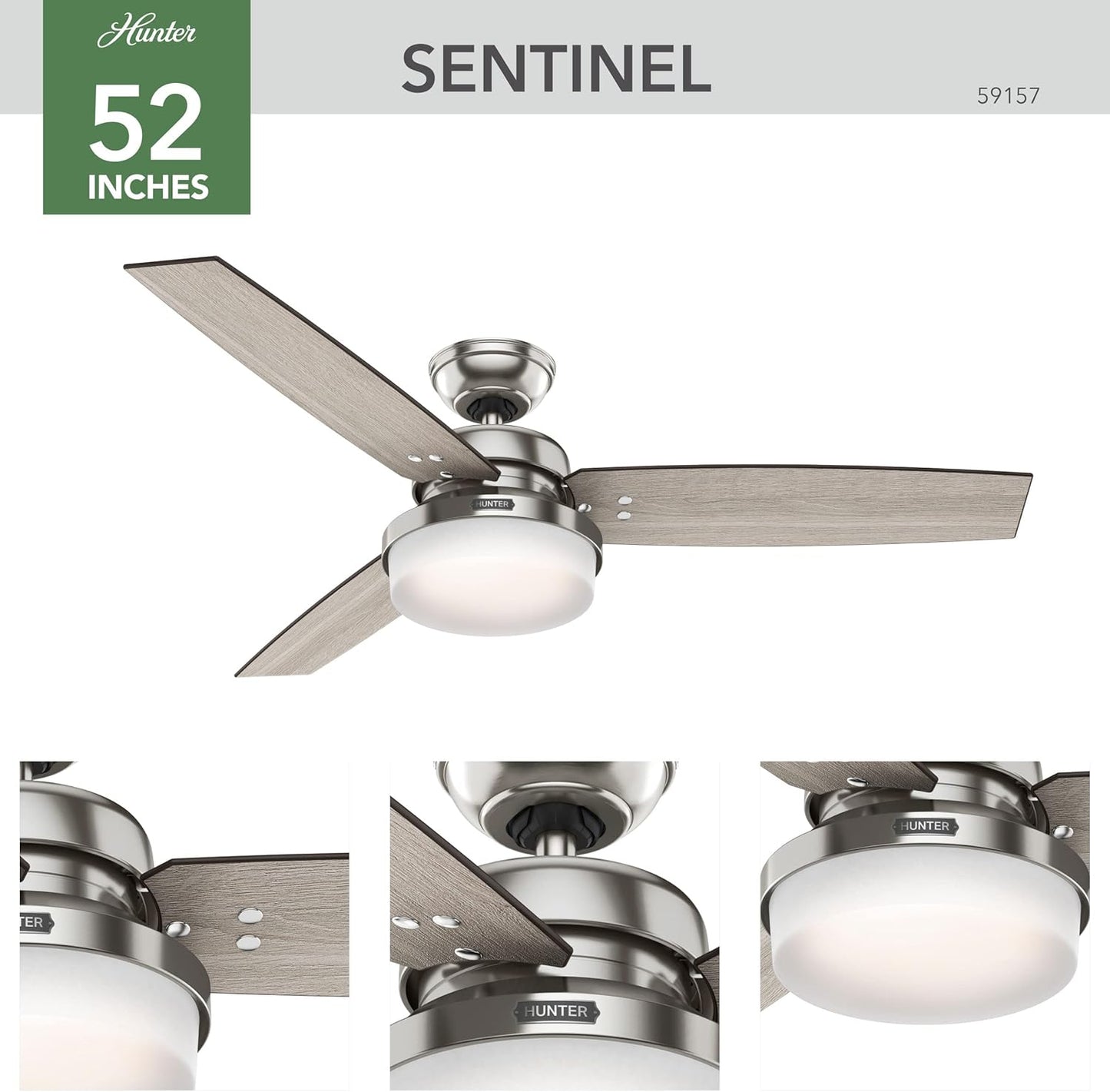 Hunter 52 inch Indoor Ceiling Fan with LED Light and Remote Control - Standard Mount Ceiling Fan, 3 Blades, For Bedroom, Living Room, or Kitchen - Sentinel 59157, Brushed Nickel