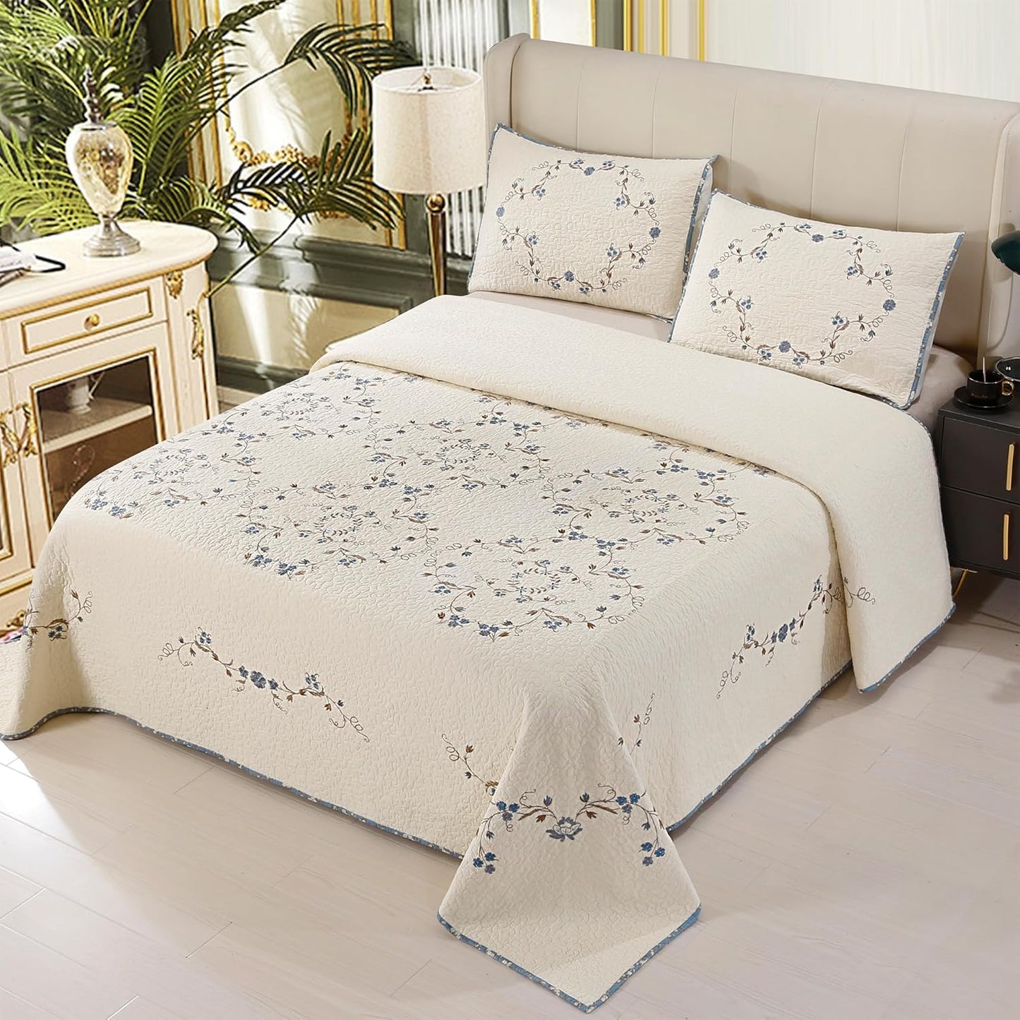 Quilt Set Blue Floral 3D Embroidery Pattern 2 PCS 100% Cotton Reversible Quilted Embroidered Decorative Bedspreads Coverlet Set, Lightweight &Soft Twin Size White Bedding Coverlet for All Season