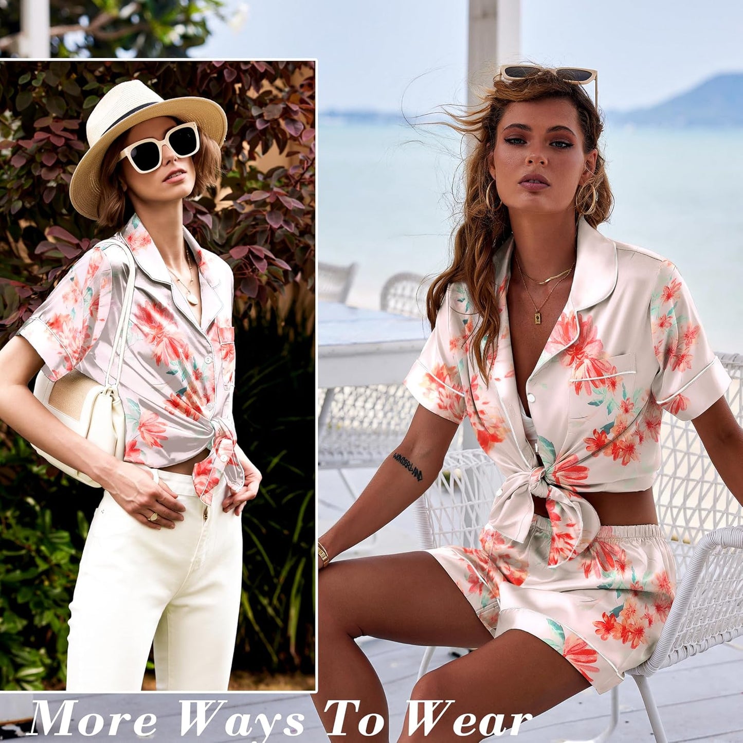 Ekouaer Pajamas for Women Set Silk Satin Pjs Shorts Sleepwear 2 Piece Loungewear S-XXL