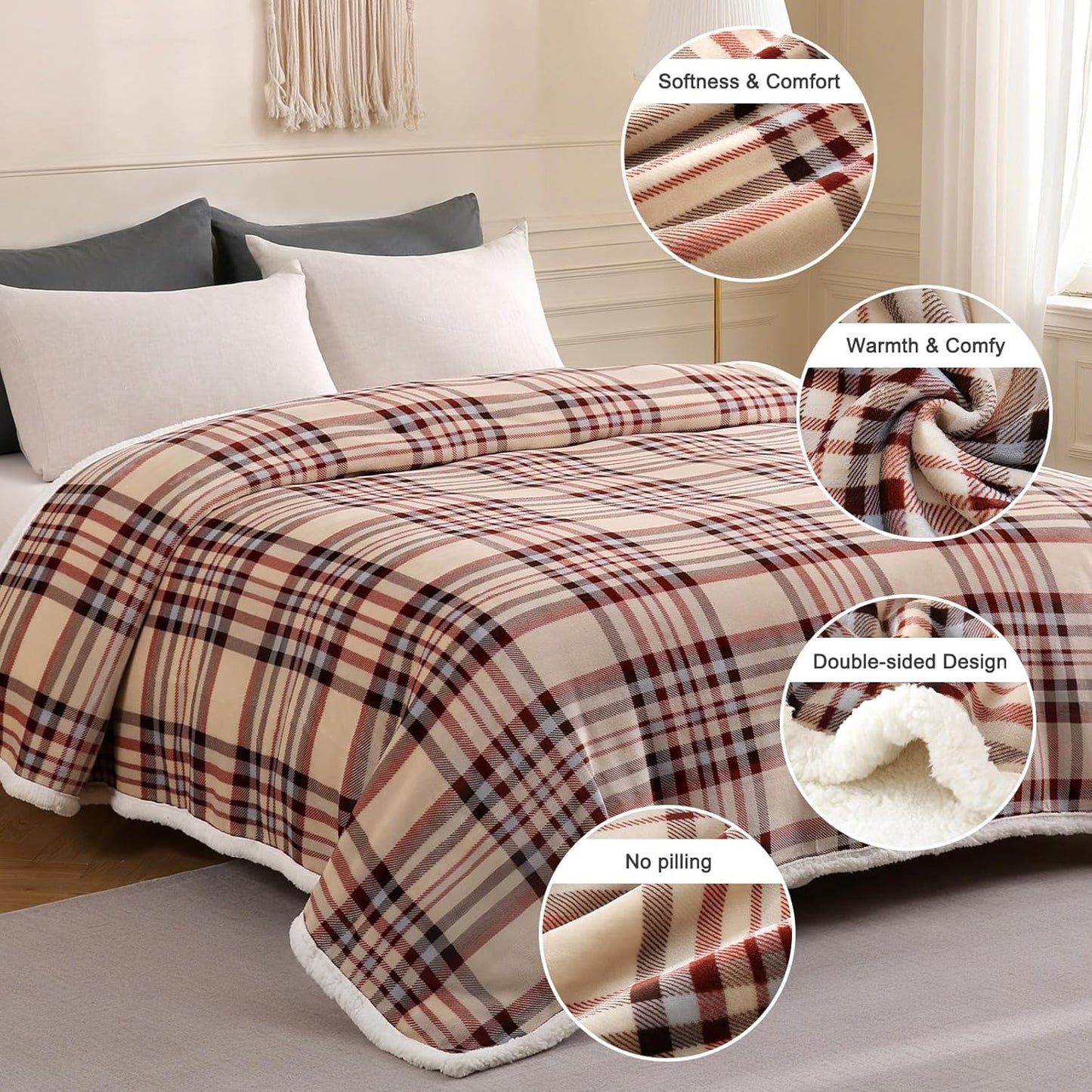 Sherpa Blanket Throw Blanket for Couch Sherpa Fleece Blanket Fluffy Checkered Soft Blanket for All Season Use Cozy Thick Warm Big Throws (Beige-Plaid, 80"*90")