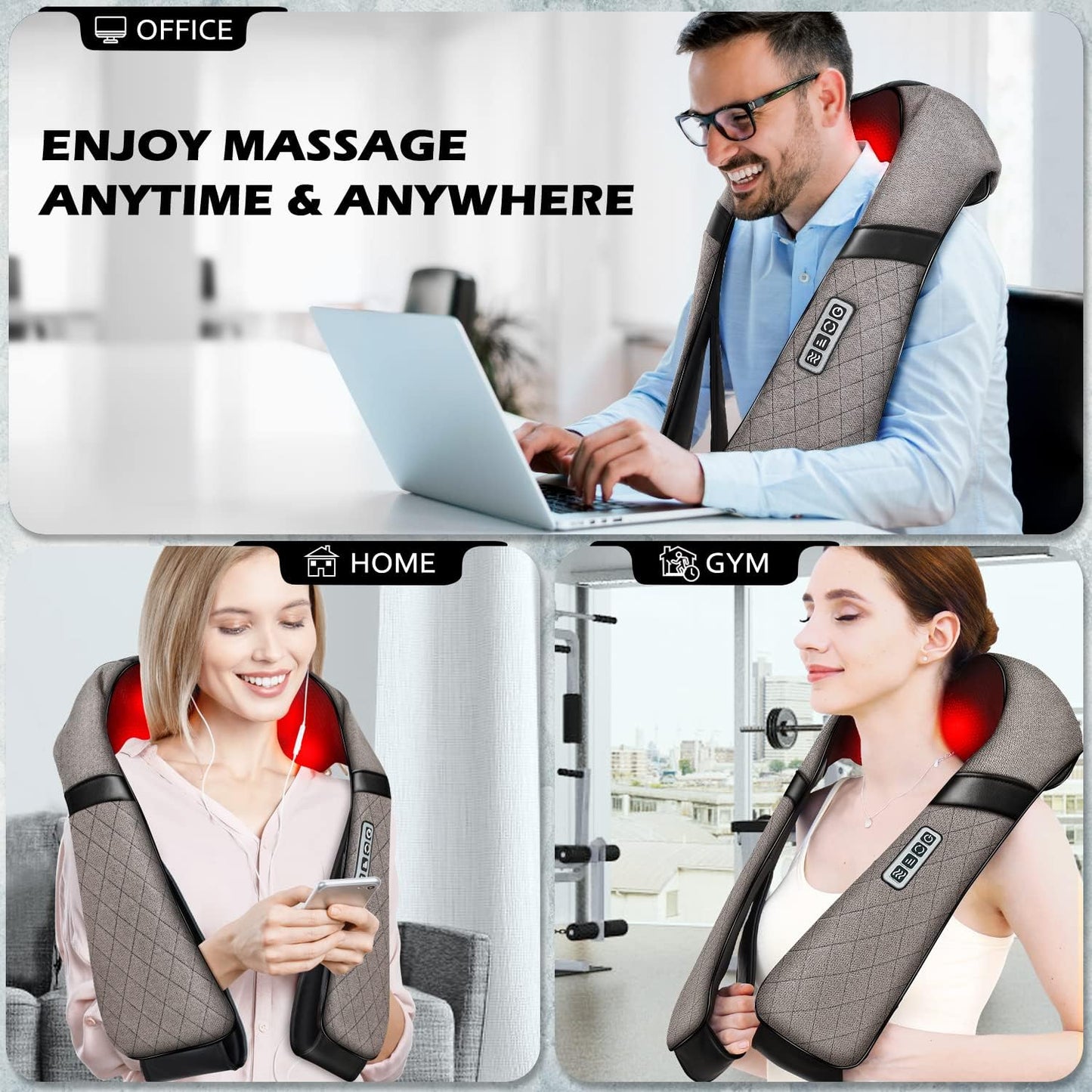 Blue Elf Shiatsu Electric Neck Back Massager Pillow 3D Kneading with Heat for Shoulder, Lower Back, Foot, Leg Muscles Pain Relief Relax in Car Office and Home (Gray)
