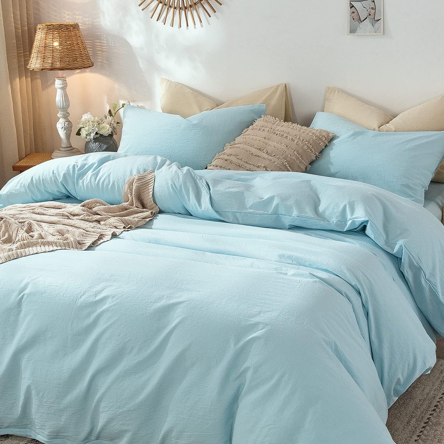 MooMee Bedding Duvet Cover Set 100% Washed Cotton Linen Like Textured Breathable Durable Soft Comfy (Heathered Light Blue, Full 80"x90")