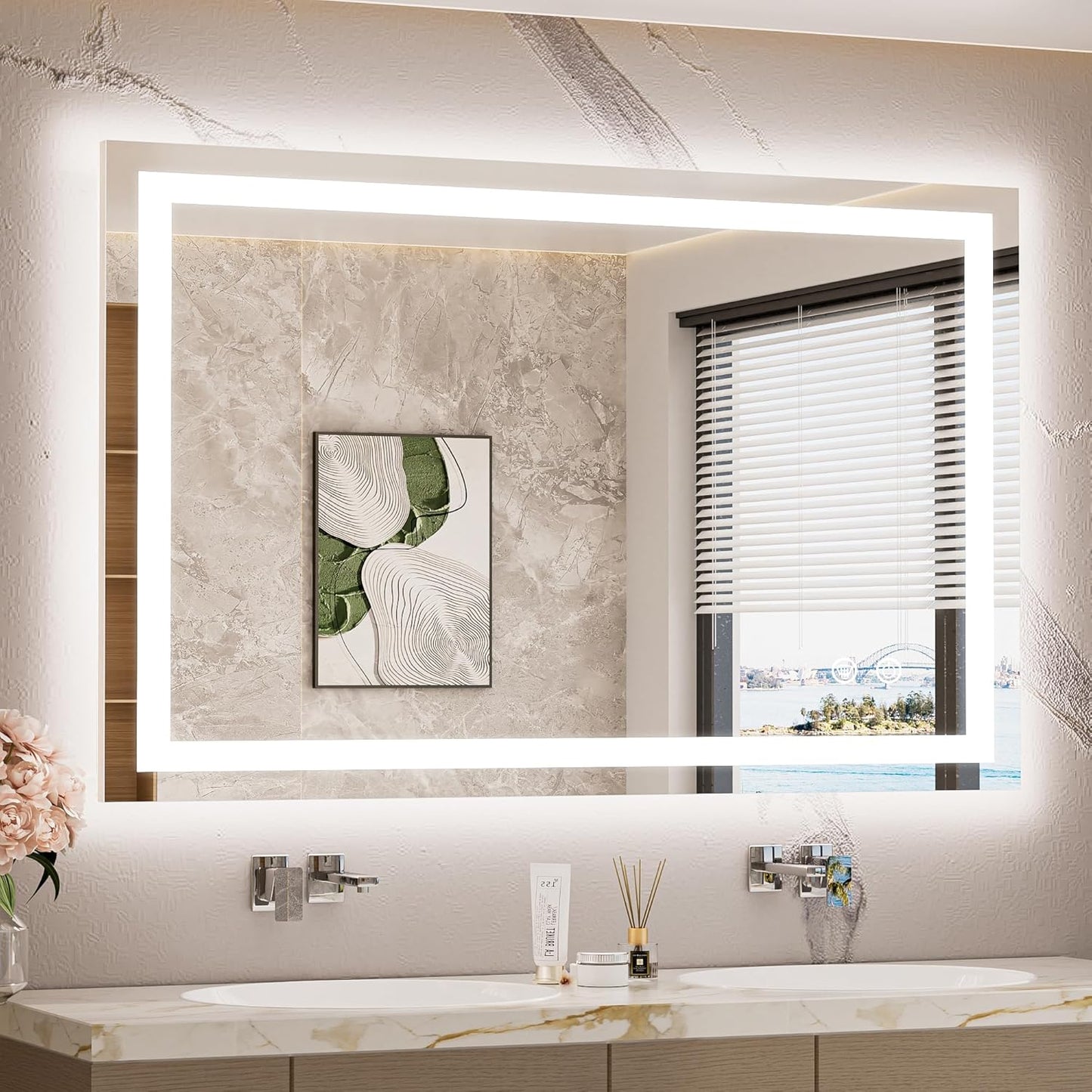 TETOTE LED Bathroom Mirror with Lights 40 x 24 Brighter Light up Mirror for Bathroom Vanity, Front and Backlit 3-Color Dimmable Illuminated Antifog Mirror Wall Mounted, Waterproof, Tempered Glass