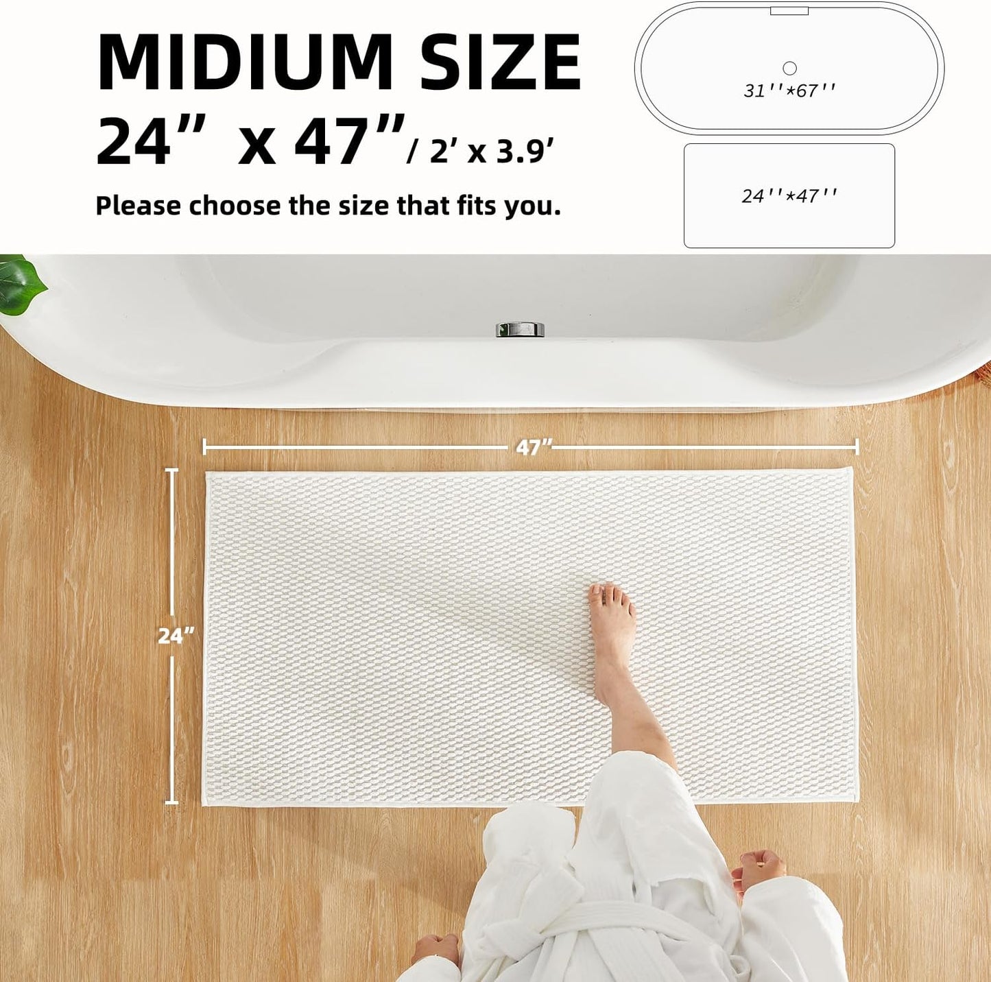 Bathroom Rugs Non Slip Washable, Super Absorbent Thin Bath Mat Quick Dry Low Pile Bathroom Rug, White 24"x47"