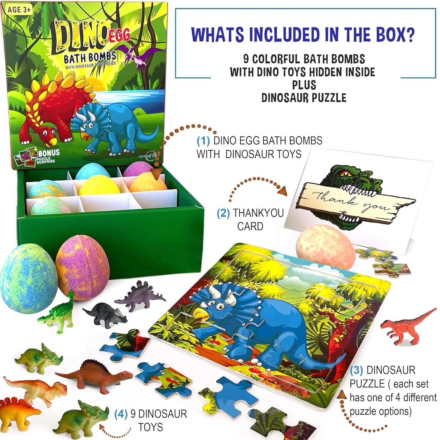 Bath Bombs for Kids with Surprise Toys Inside Plus Dinosaur Puzzle - 9 Organic Dino Egg Bath Bombs, Gentle and Kids Safe, Fizzy Balls with Rich Bubbles, Stocking Stuffers Christmas Gifts for Kids
